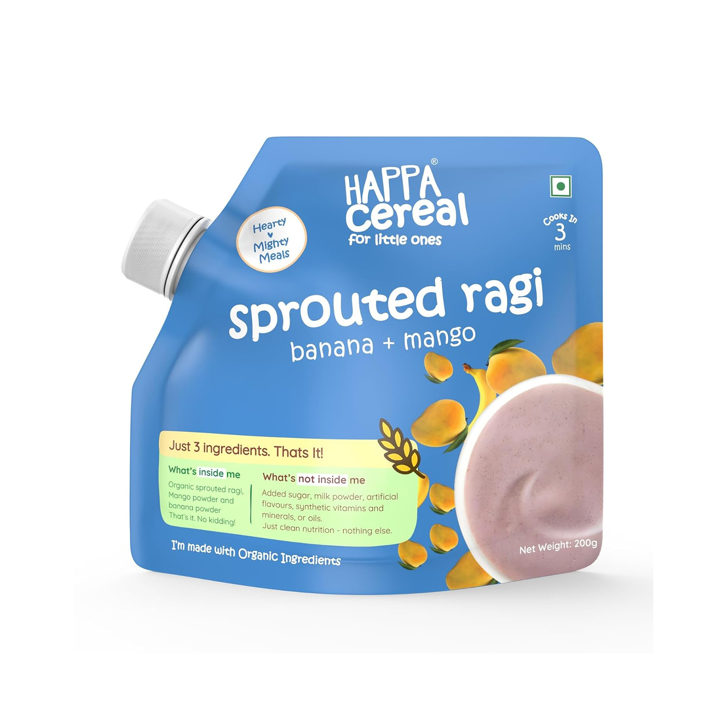 Happa Organic Baby Food Sprouted Ragi + Mango + Banana Porridge Mix, Stage 2, 6 Months+  – 200g