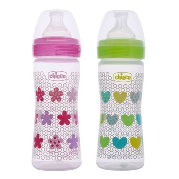 Chicco Well Being Bi-Pack Feeding Bottle And Physio Teats- Medium Flow (Pink and Green) 250ml