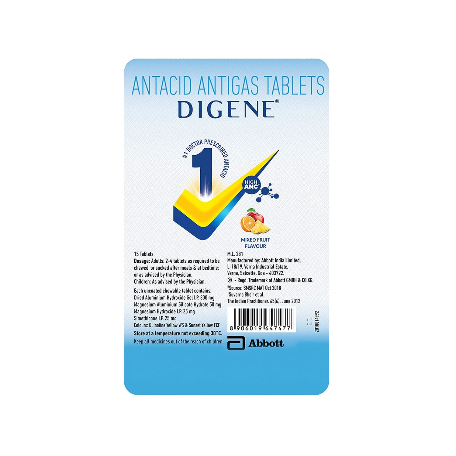 Abbott Digene Antacid Antigas Tablet Mixed Fruit Flavour (15 Tablets
