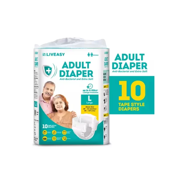 Liveasy Adult Diaper Tape Style Large Waist Size 38-54 Inches (10 Diapers)