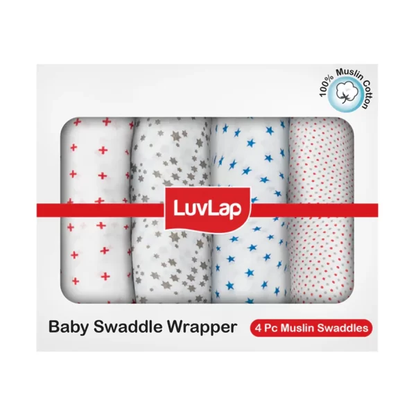 LuvLap 100% Cotton Muslin Baby Swaddle Pack Of 4 white