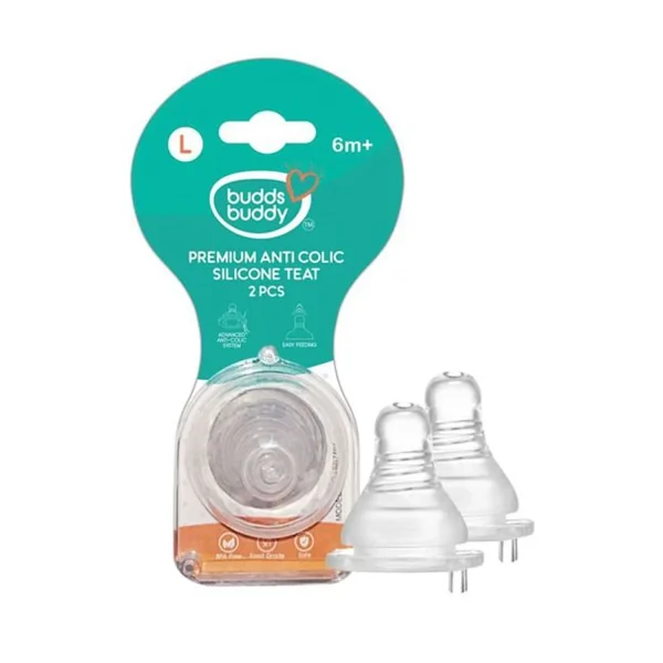 Budds Buddy Premium Anti Colic Silicone Teat for Babies from 6+ Months - Large (2 Pieces)