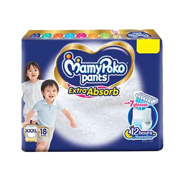 MamyPoko Extra Absorb Diaper- Pant Style (Fits baby with 18-35 kg weight) XXXL, 18 Diapers MamyPoko Extra Absorb Diaper- Pant Style (Fits baby with 18-35 kg weight) XXXL, 18 Diapers