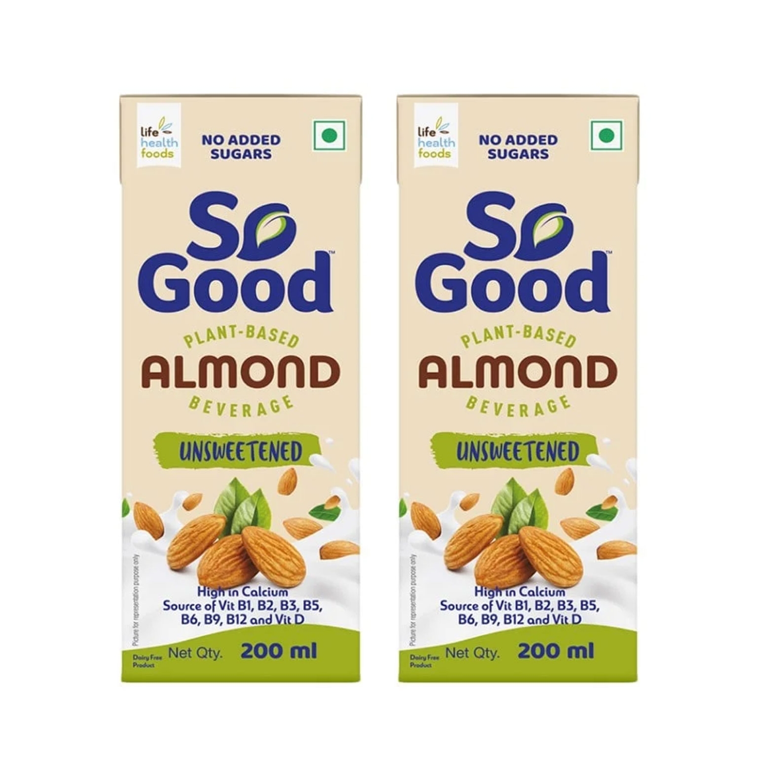 So Good Almond Beverage Unsweetened - 200 ml (Pack of 2)