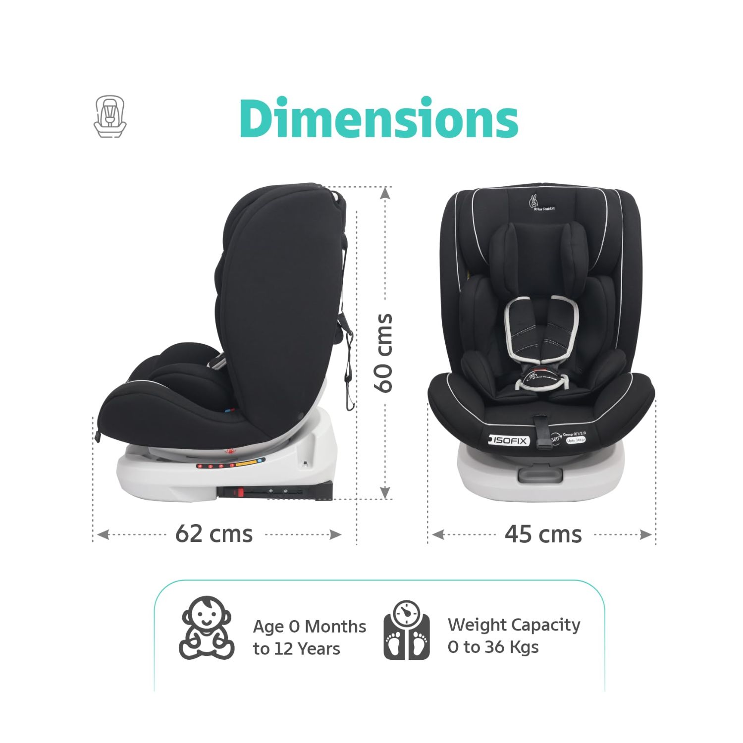 R for Rabbit Jack N Jill Grand ISOFIX Car Seat (Pure Black)