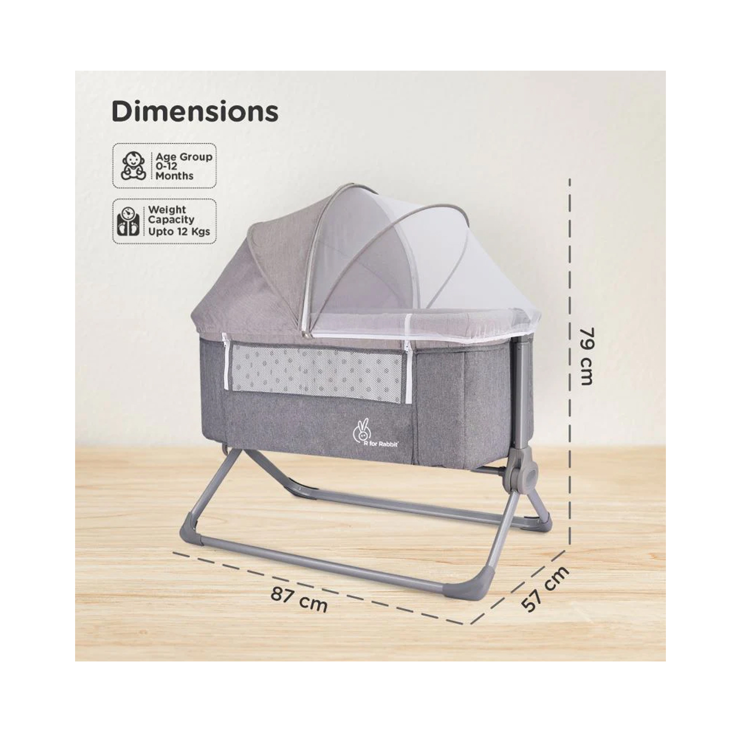 R for Rabbit Hop A Little Baby Cot (Dark Grey)