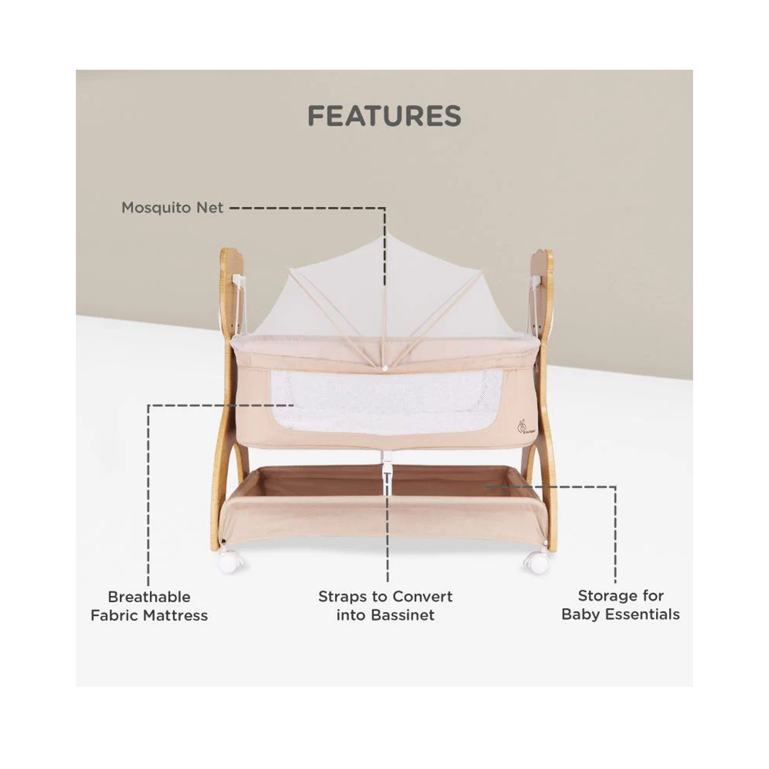 R for Rabbit Lullabies Woodsy Manual Baby Cradle (Beige)