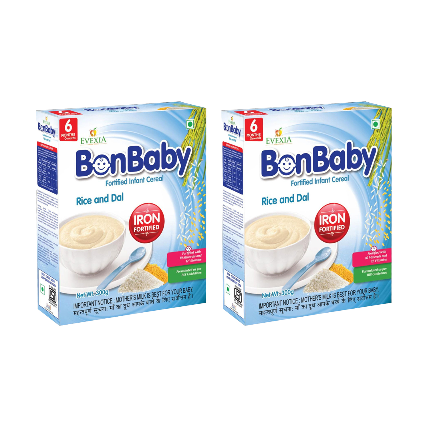 Evexia BonBaby Fortified Infant Cereal - Rice and Dal 300g (Pack of 2)