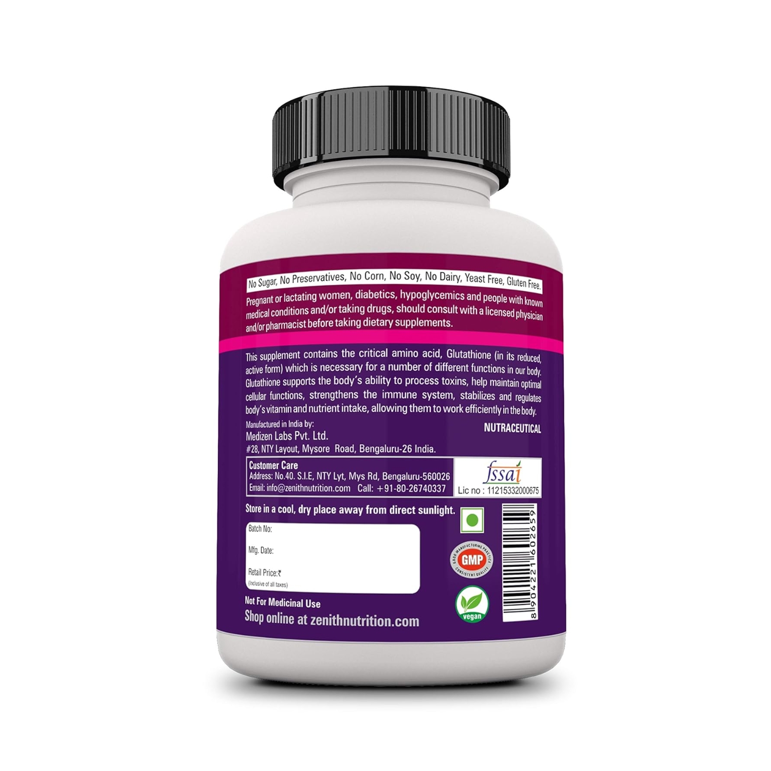 Zenith Nutrition Glutathione (Reduced Form) 250 mg – 30 Veg Capsules (3)