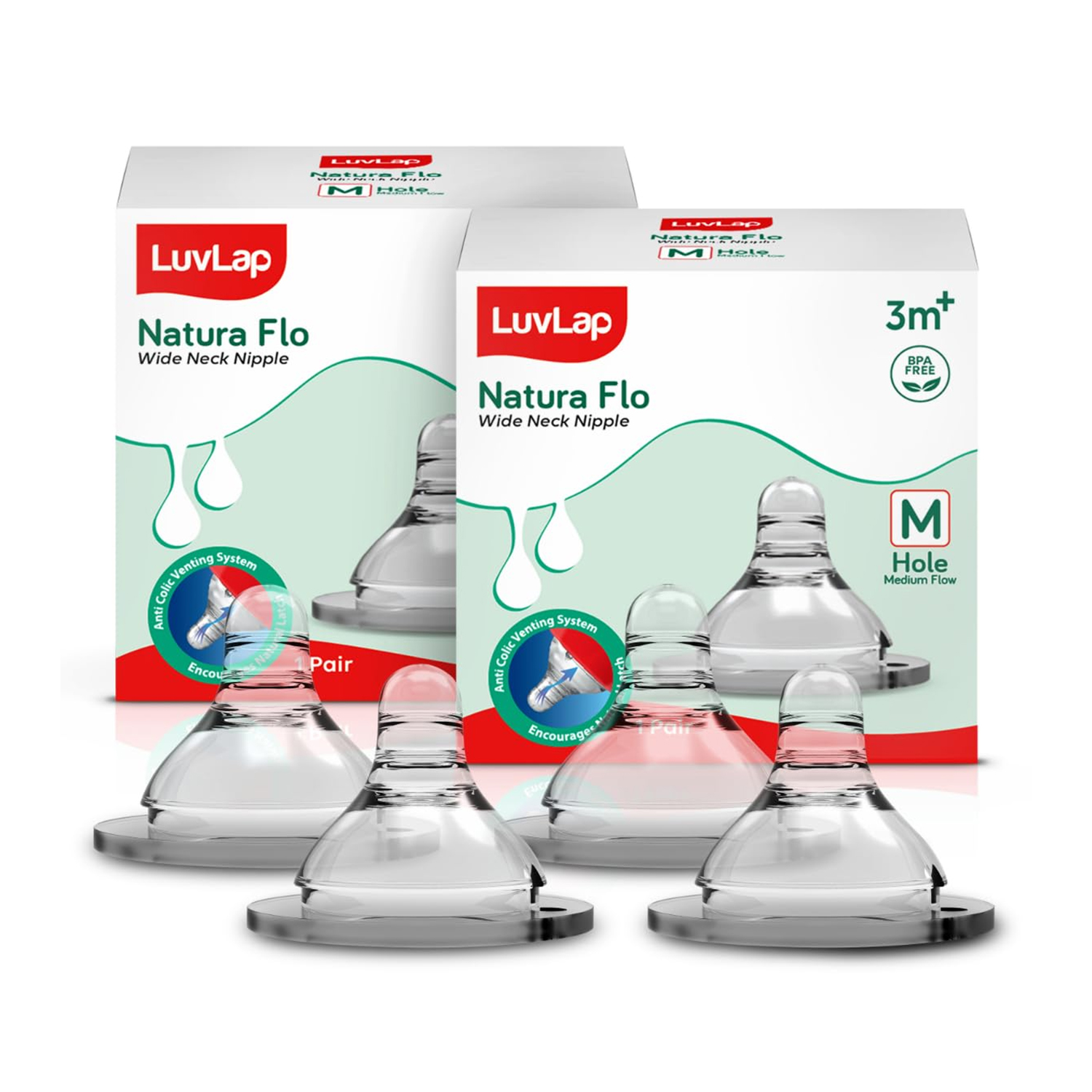 LuvLap Natura Flo Wide Neck Nipple – Medium Flow For 3m+Baby (Pack of 2)