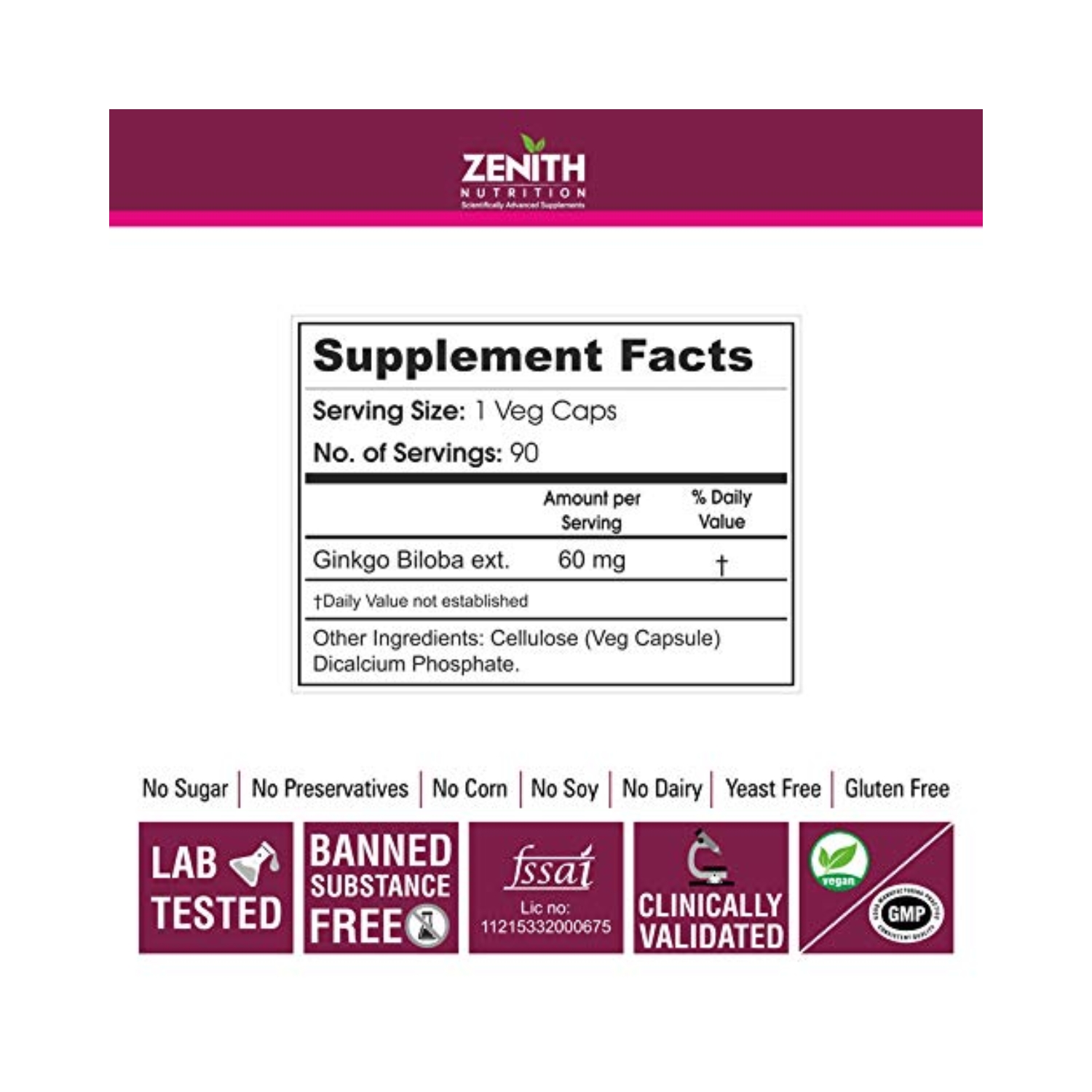 Zenith Nutrition Ginkgo Biloba (Supports Mental Clarity, Focus & Memory) 60 mg – 90 Veg Capsules (5) (1)