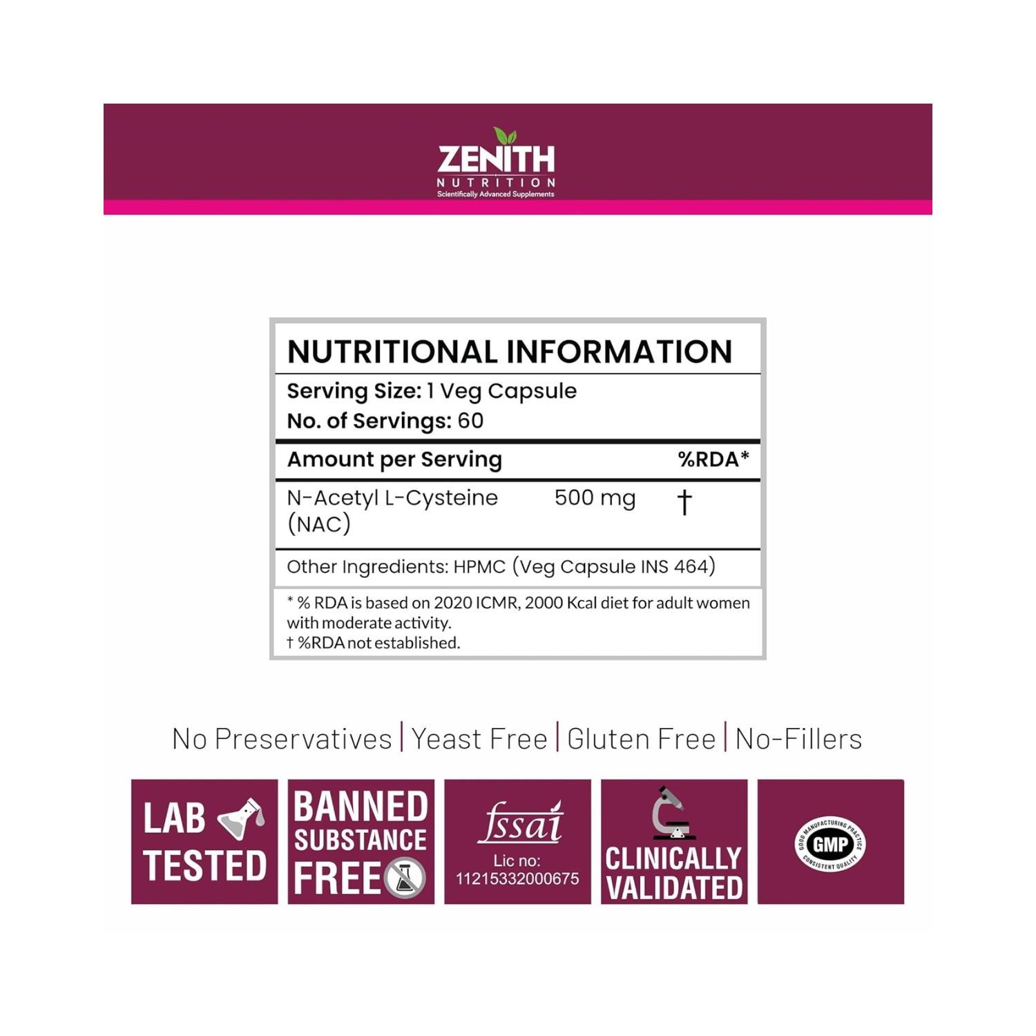 Zenith Nutrition Nac (N-Acetyl L-Cysteine) Liver & Antioxidant Support 500Mg – 60 Veg Capsules (4)