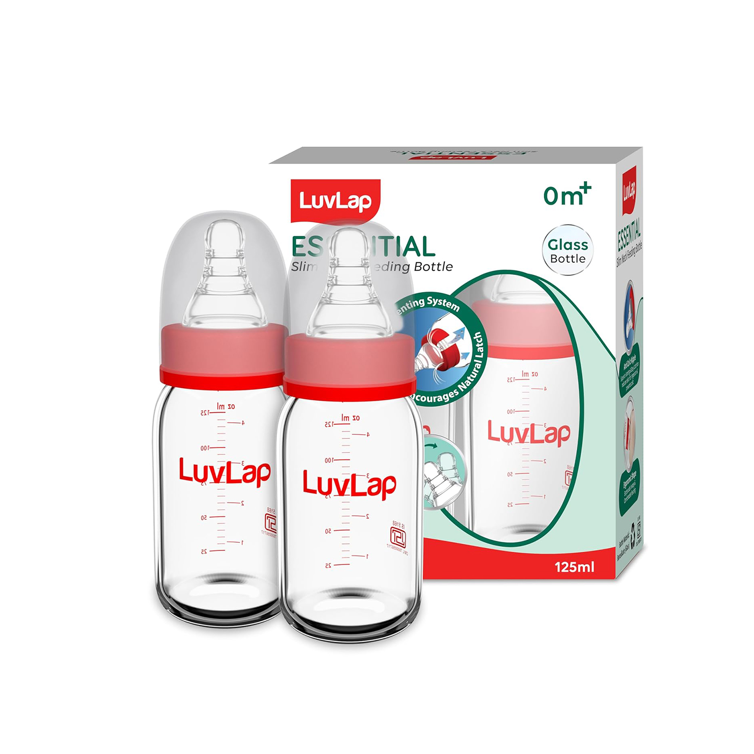 LuvLap Essential Slim Neck Glass Feeding Bottle – 125ml (Pack of 2)